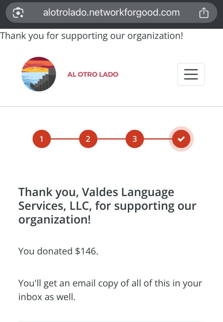 Thank you message for a donation made by Valdes Language Services, LLC to Al Otro Lado, highlighting a $146 contribution to support the organization's work.